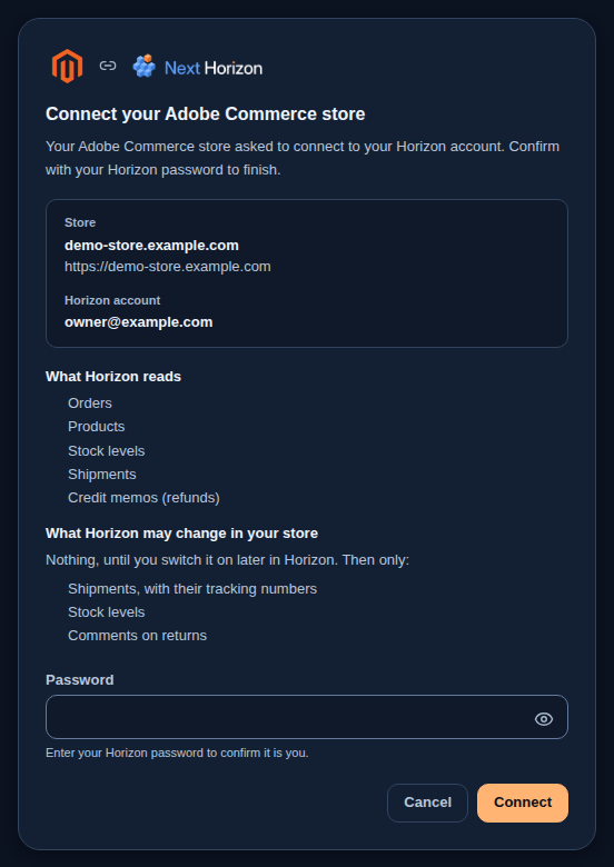 The Horizon window the extension opens: it names the store and the Horizon account, lists what Horizon reads and what it may change, and asks for the Horizon password before Connect
