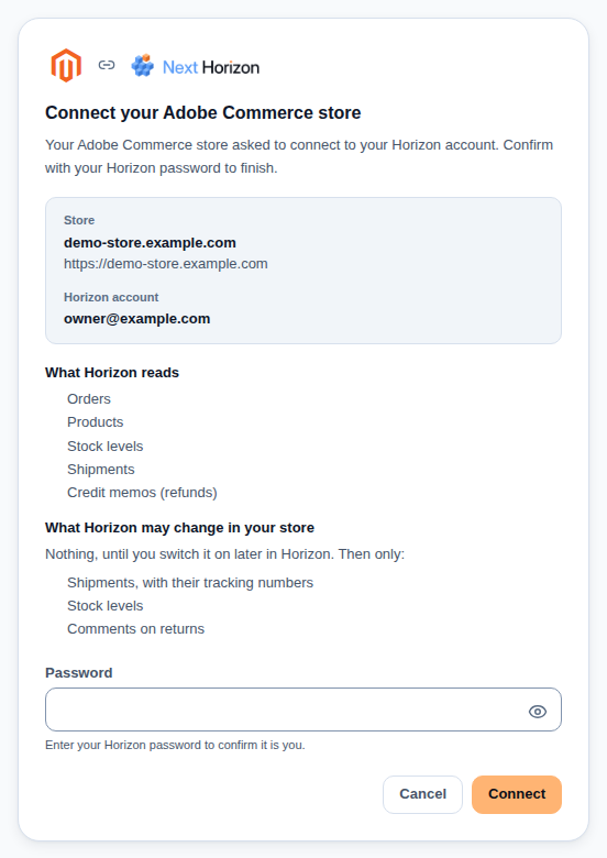 The Horizon window the extension opens: it names the store and the Horizon account, lists what Horizon reads and what it may change, and asks for the Horizon password before Connect