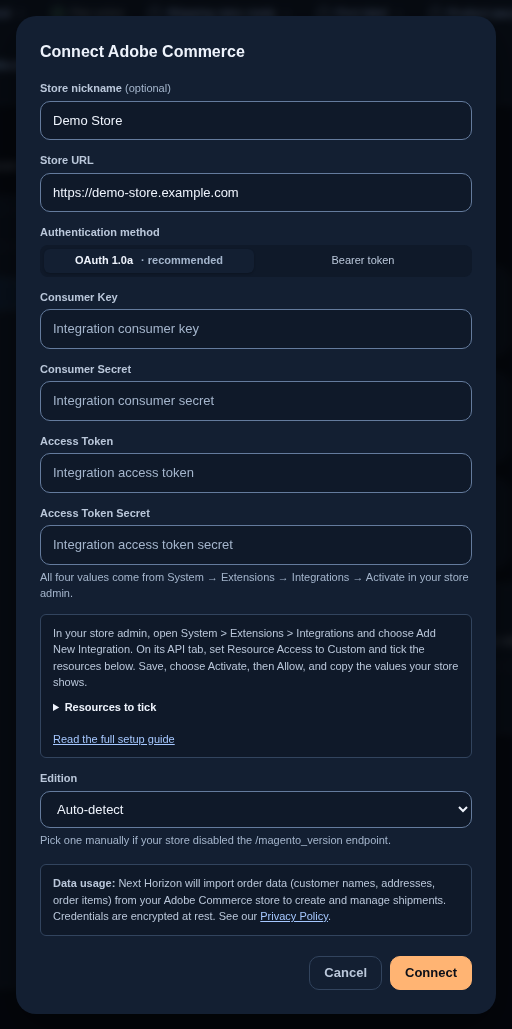 The Connect Adobe Commerce dialog with a store nickname and store URL filled in, OAuth 1.0a selected, the four Integration fields and the edition left on Auto-detect