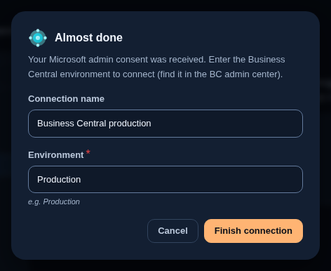 The Almost done dialog after the Microsoft sign-in, with a connection name and the environment name Production filled in