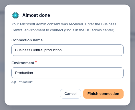 The Almost done dialog after the Microsoft sign-in, with a connection name and the environment name Production filled in
