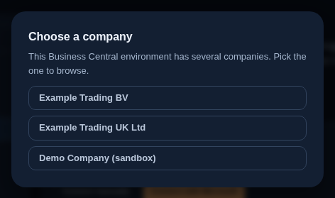 The Choose a company dialog listing three fictional companies of one Business Central environment