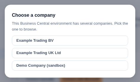 The Choose a company dialog listing three fictional companies of one Business Central environment