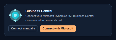 The Business Central card in Settings, ERP, with Connect manually and Connect with Microsoft