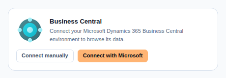 The Business Central card in Settings, ERP, with Connect manually and Connect with Microsoft