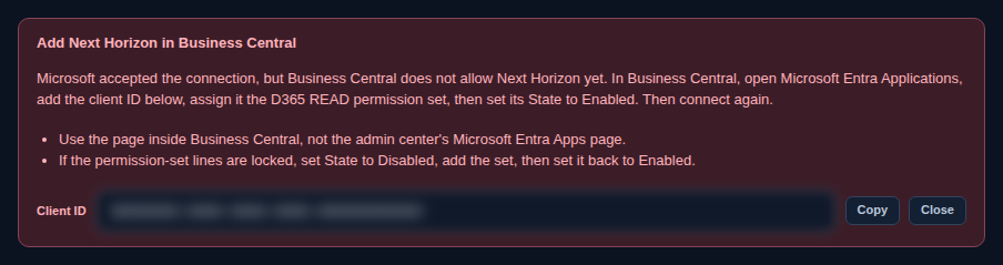 The Add Next Horizon in Business Central message, with the client ID field blurred, Copy and Close