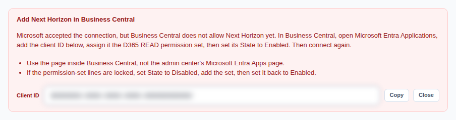 The Add Next Horizon in Business Central message, with the client ID field blurred, Copy and Close