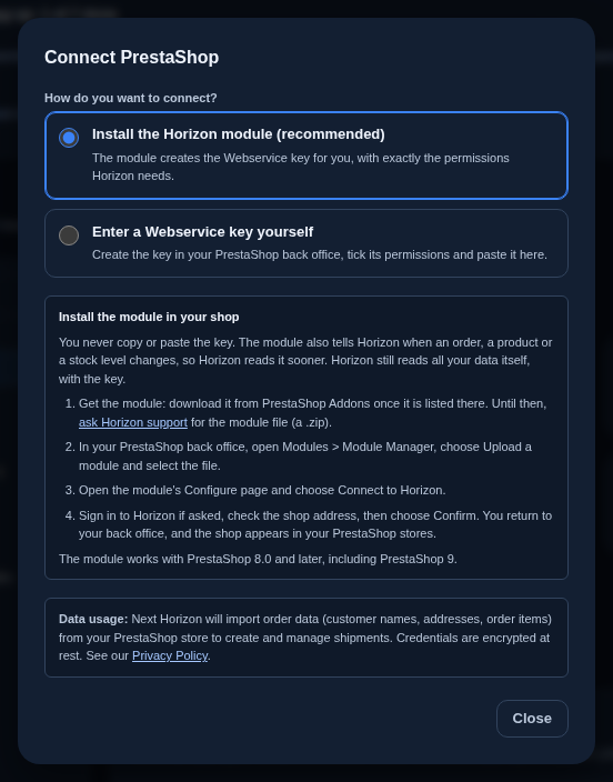The Connect PrestaShop dialog with Install the Horizon module selected, and the four steps to install the module in your shop