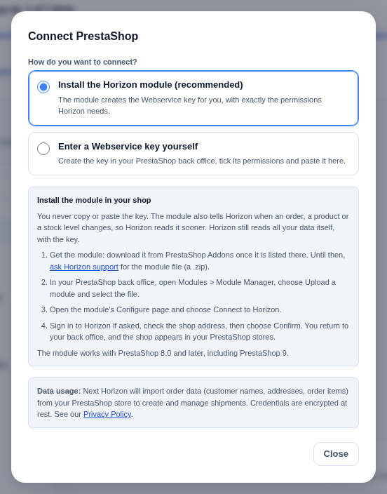 The Connect PrestaShop dialog with Install the Horizon module selected, and the four steps to install the module in your shop