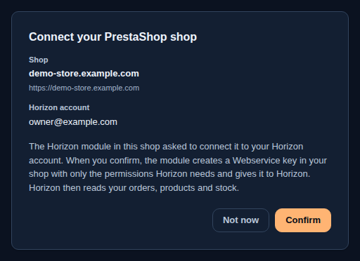 The Connect your PrestaShop shop page Horizon opens from the module: the shop address, the Horizon account, and Not now or Confirm