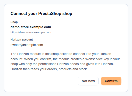 The Connect your PrestaShop shop page Horizon opens from the module: the shop address, the Horizon account, and Not now or Confirm