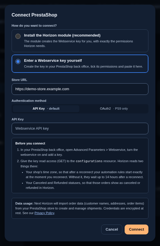 The Connect PrestaShop dialog on Enter a Webservice key yourself, with the store URL filled in, API Key selected and the Before you connect checklist