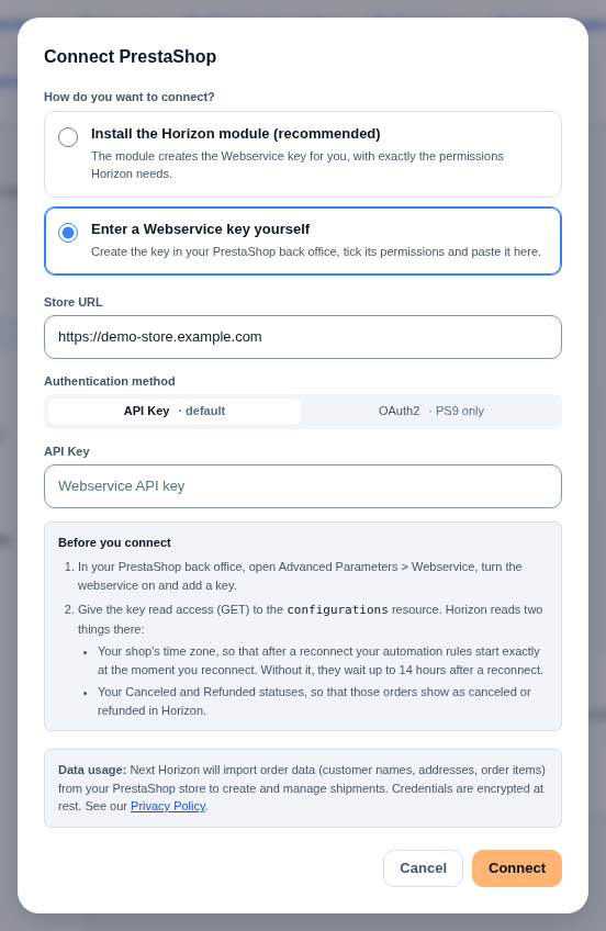 The Connect PrestaShop dialog on Enter a Webservice key yourself, with the store URL filled in, API Key selected and the Before you connect checklist