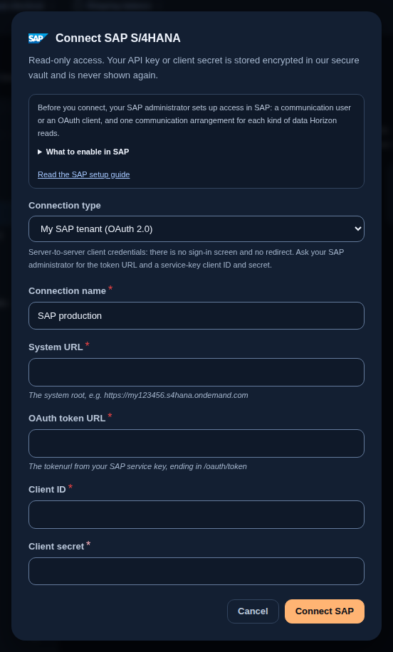 The Connect SAP S/4HANA dialog on My SAP tenant (OAuth 2.0), with the connection name filled in and the system URL, token URL, client ID and client secret fields