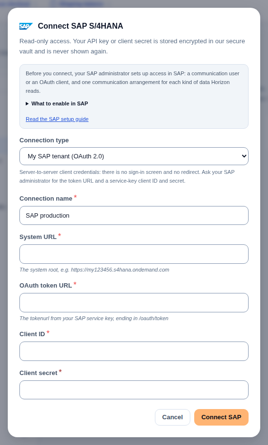 The Connect SAP S/4HANA dialog on My SAP tenant (OAuth 2.0), with the connection name filled in and the system URL, token URL, client ID and client secret fields