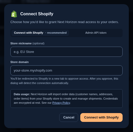 The Connect Shopify dialog on its Connect with Shopify tab, with the store nickname and store domain fields