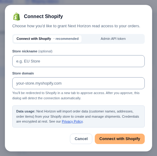 The Connect Shopify dialog on its Connect with Shopify tab, with the store nickname and store domain fields