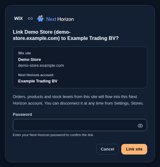 The confirm screen at /wix/open: it names the Wix site Demo Store, its address and the account Example Trading BV, and asks for the Next Horizon password before Link site