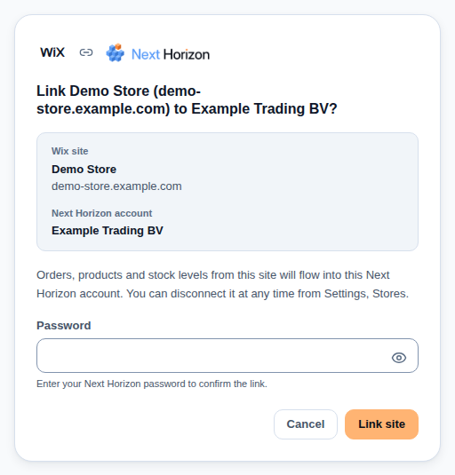 The confirm screen at /wix/open: it names the Wix site Demo Store, its address and the account Example Trading BV, and asks for the Next Horizon password before Link site