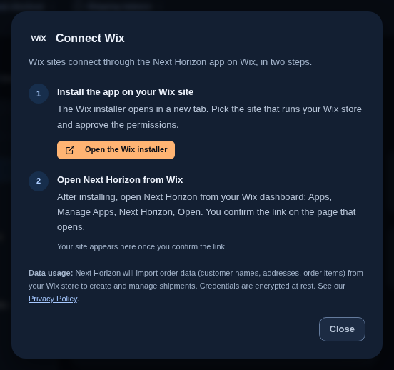 The Connect Wix dialog in Next Horizon: step 1 opens the Wix installer, step 2 says to open Next Horizon from the Wix dashboard