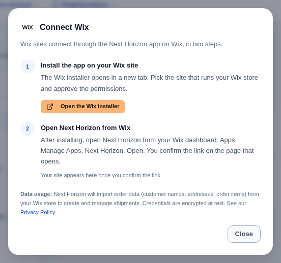 The Connect Wix dialog in Next Horizon: step 1 opens the Wix installer, step 2 says to open Next Horizon from the Wix dashboard