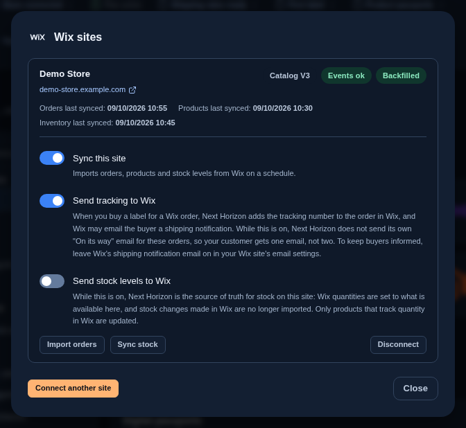 The Wix sites dialog for one linked site, with its catalog and sync badges, the last sync times, the three switches, and Import orders, Sync stock and Disconnect