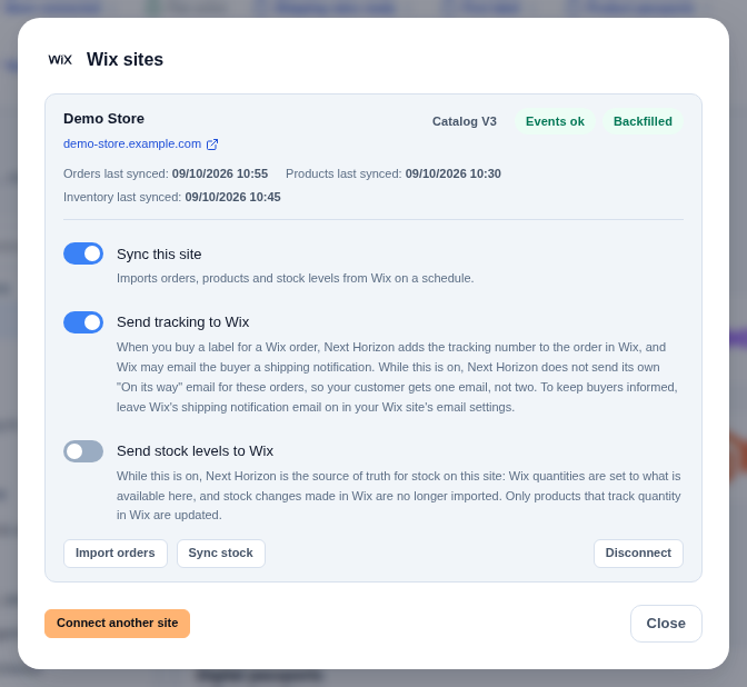The Wix sites dialog for one linked site, with its catalog and sync badges, the last sync times, the three switches, and Import orders, Sync stock and Disconnect