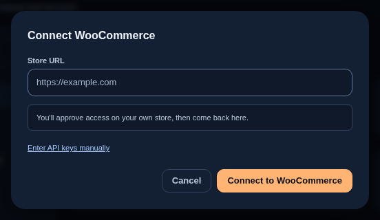 The Connect WooCommerce dialog with the store URL field and Connect to WooCommerce
