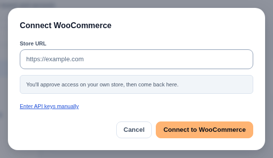 The Connect WooCommerce dialog with the store URL field and Connect to WooCommerce